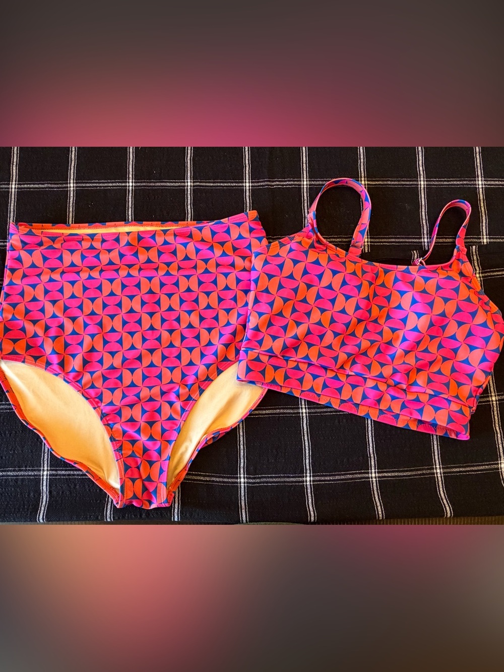 High-Waisted Geo Print Bikini Set in Pink & Orange